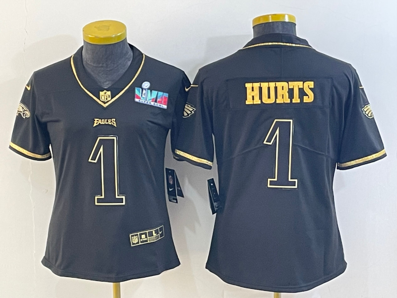 Women's Philadelphia Eagles #1 Jalen Hurts Black Golden Edition Super Bowl LVII Patch Stitched Football Jersey(Run Small) Women's Philadelphia Eagles #1 Jalen Hurts Black Golden Edition Super Bowl LVII Patch Stitched Football Jersey(Run Small)